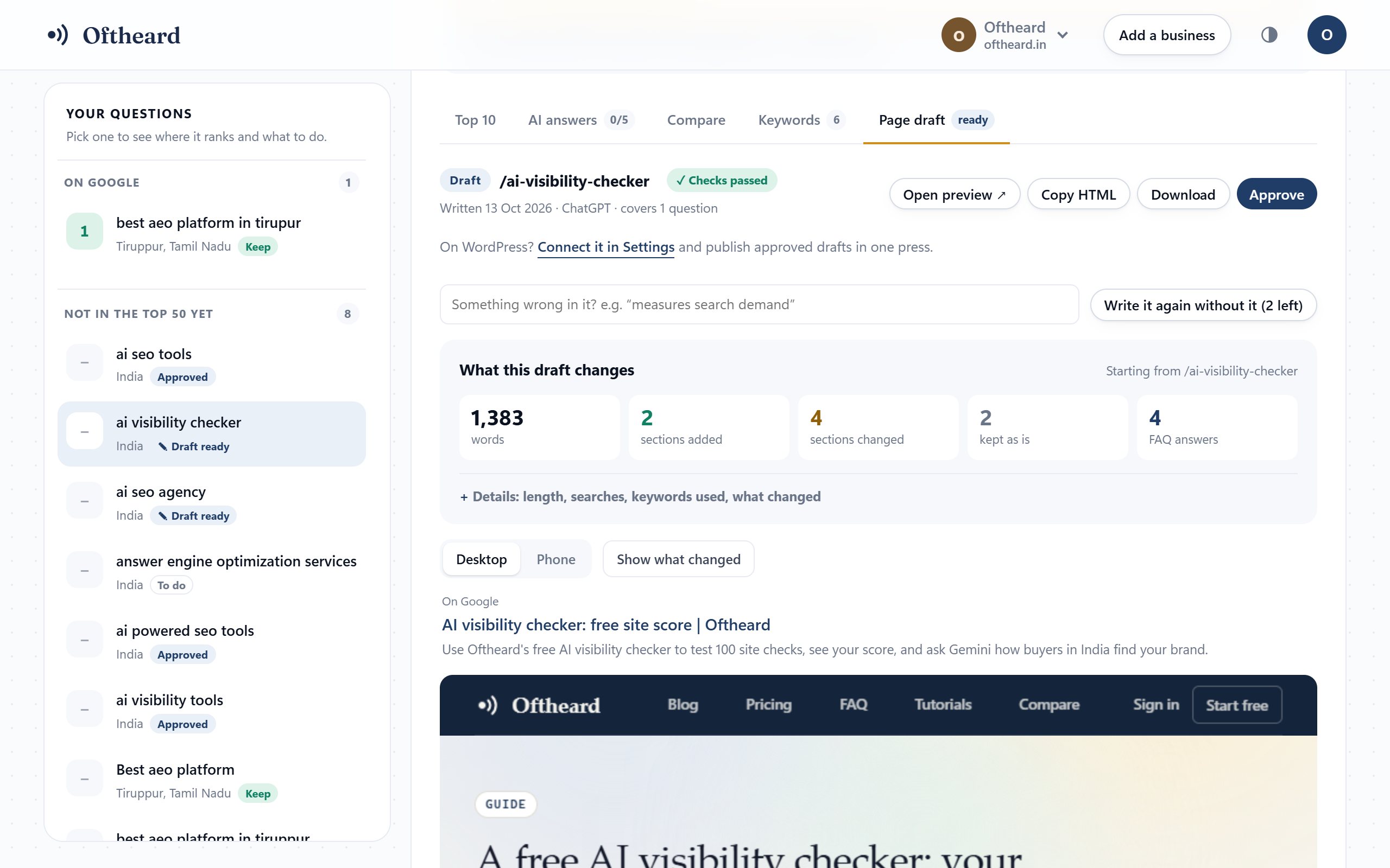 A page draft for /ai-visibility-checker: checks passed, 1,383 words, 2 sections added, 4 changed and 4 FAQ answers, with the Approve button.