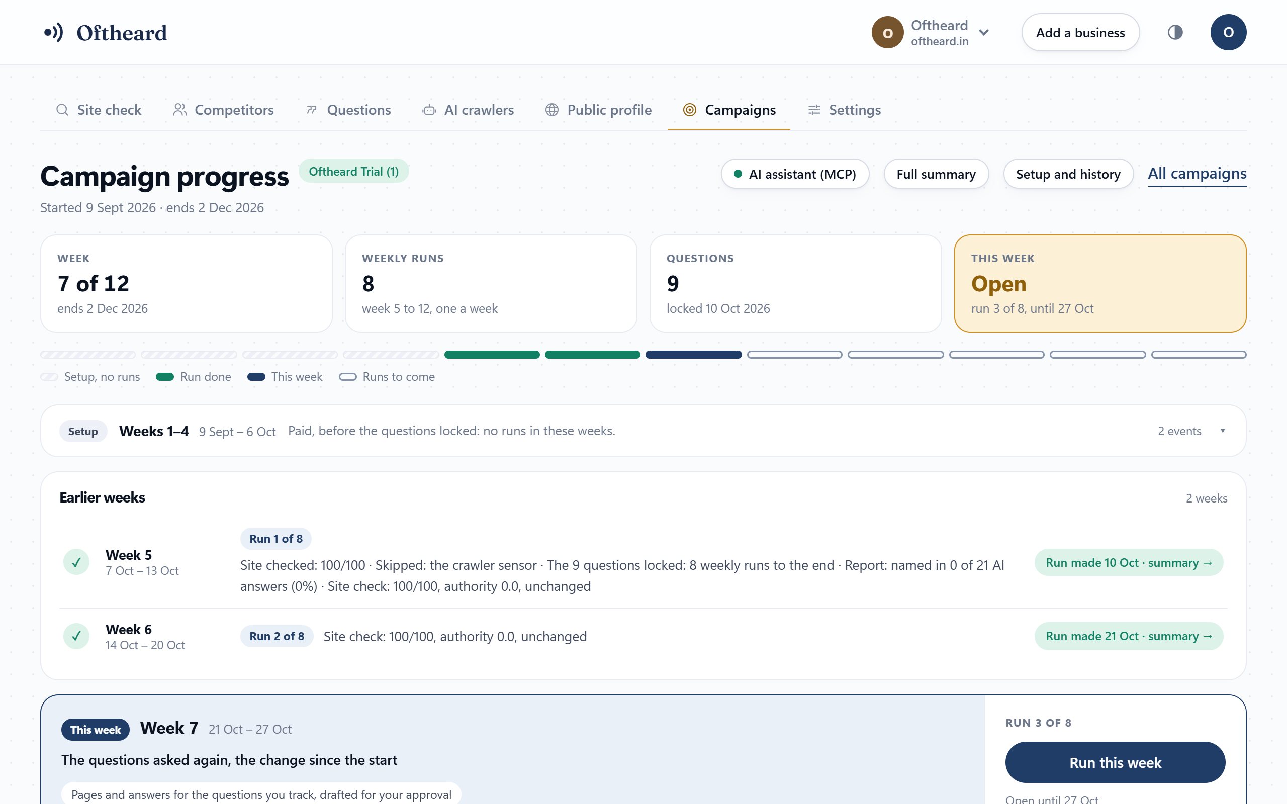 Campaign progress: week 7 of 12, 8 weekly runs, 9 questions locked, and this week's run open.