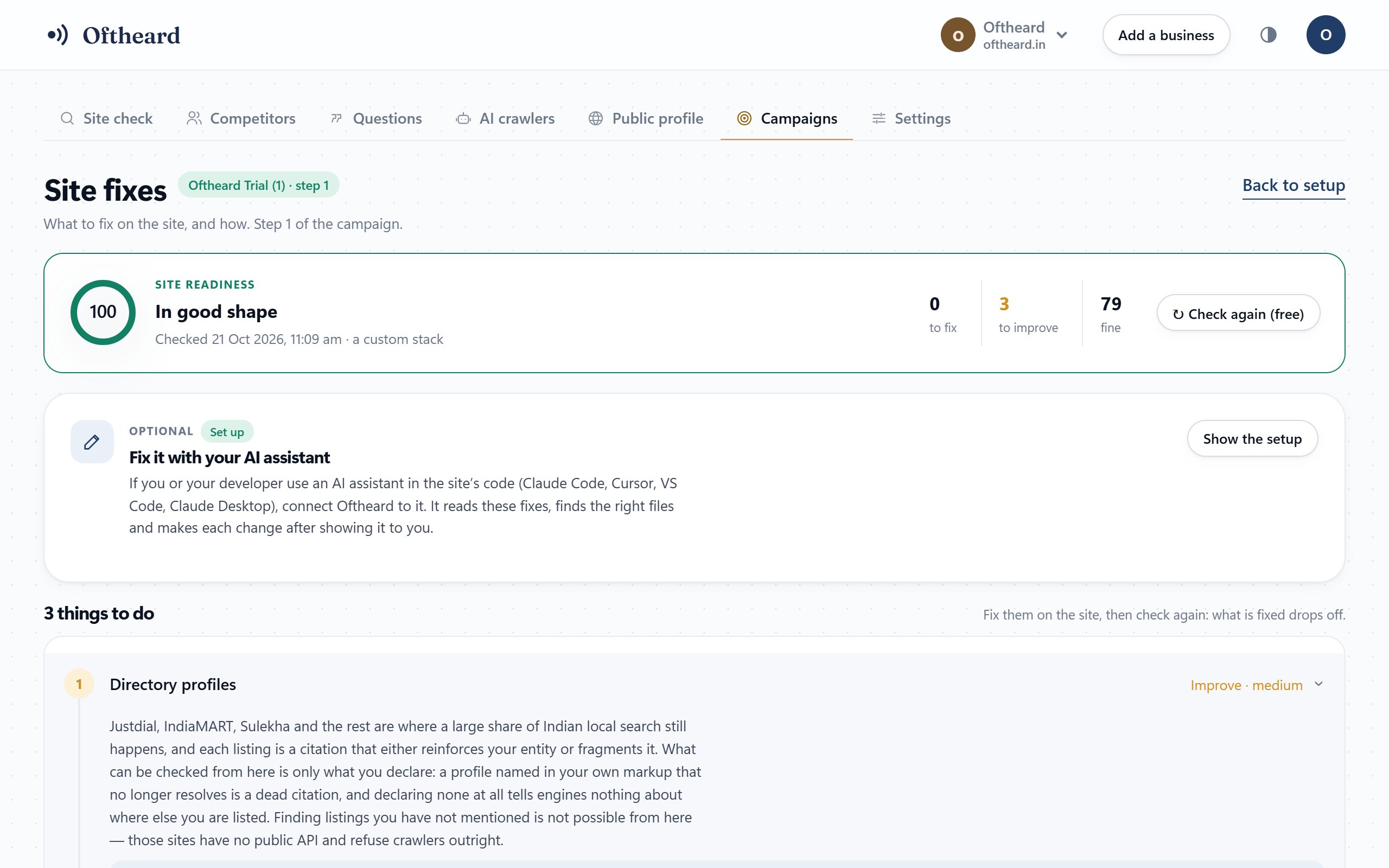 Site fixes: a readiness score of 100, 0 to fix, 3 to improve and 79 fine, with the first improvement and how to make it.